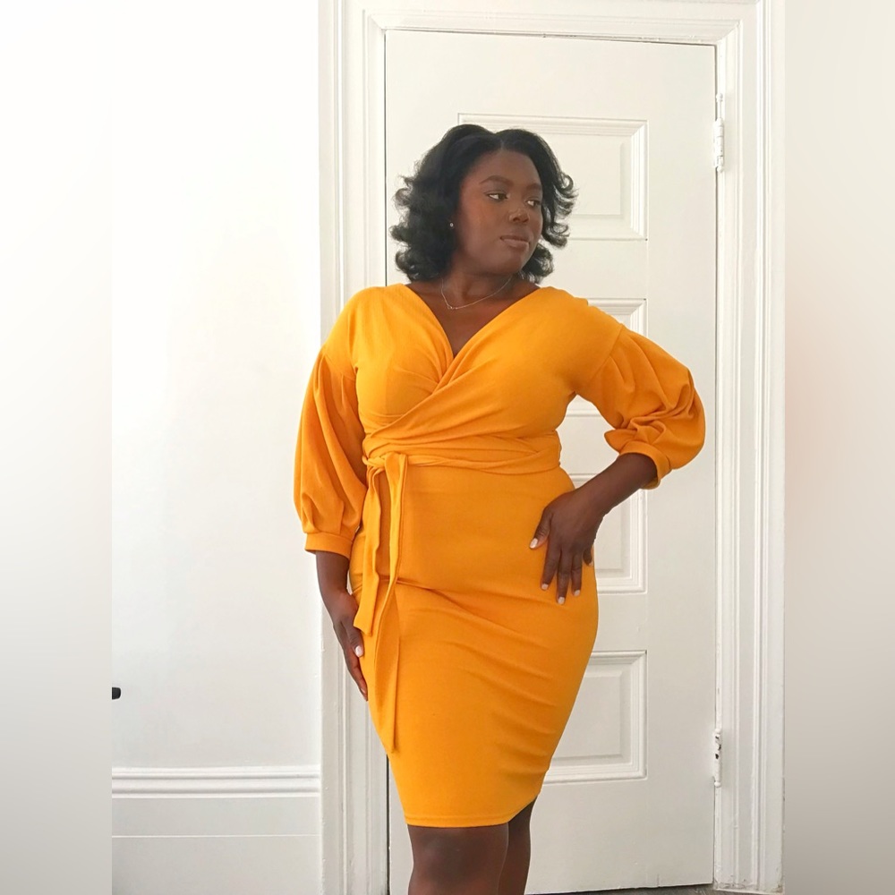 Yellow Mustard Bodycon Wrap Front Dress With Tie Long Sleeve in size (XL)